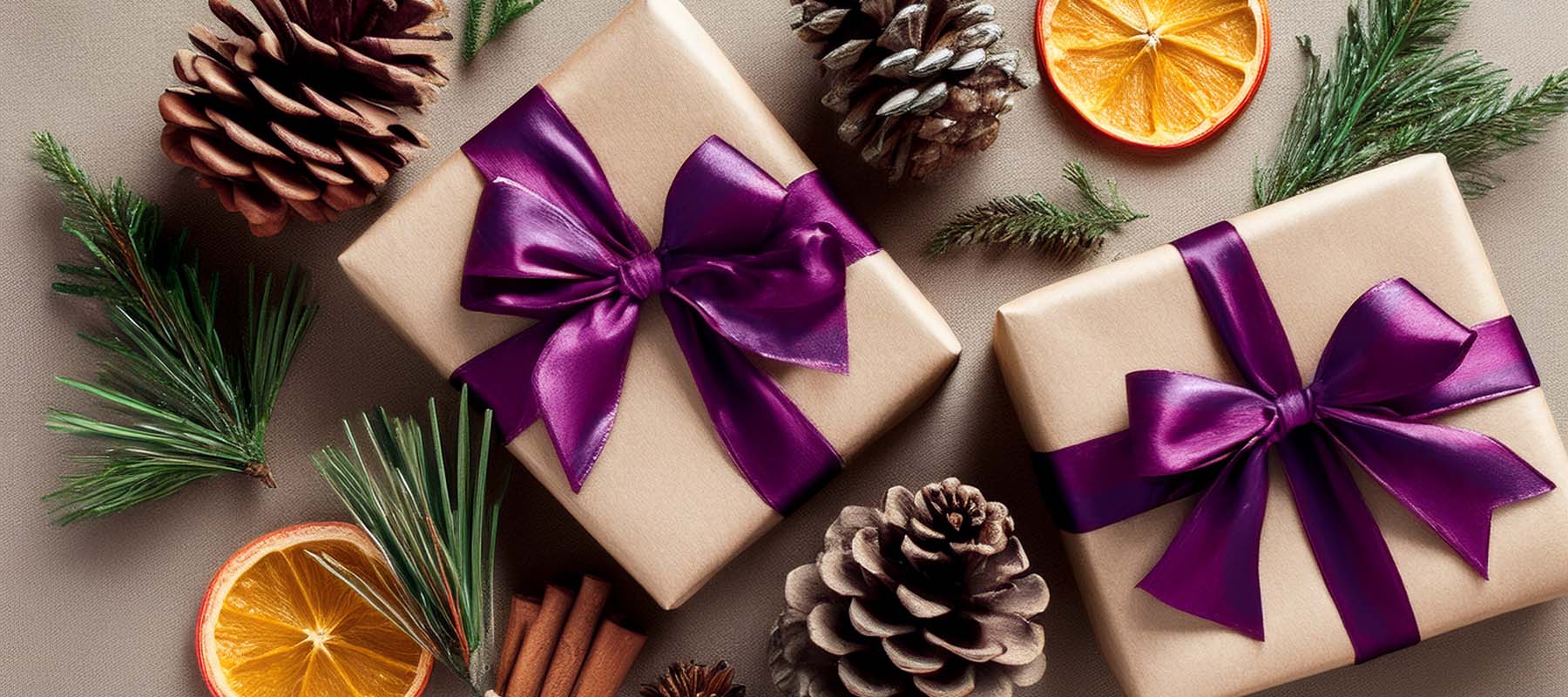 Aerial view of beautifully wrapped Christmas presents with pinecones, dried orange slices, and purple bows arranged on a rustic table