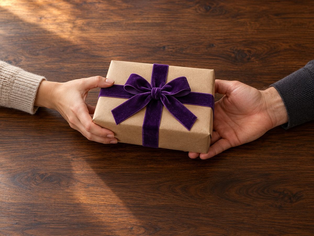 Two hands passing a kraft-wrapped gift with a purple velvet ribbon across a wooden table