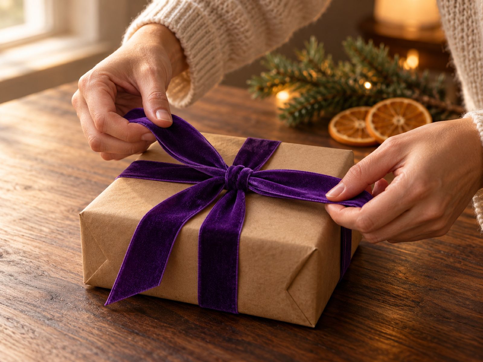 Hands tying a purple ribbon on a kraft-paper Christmas gift