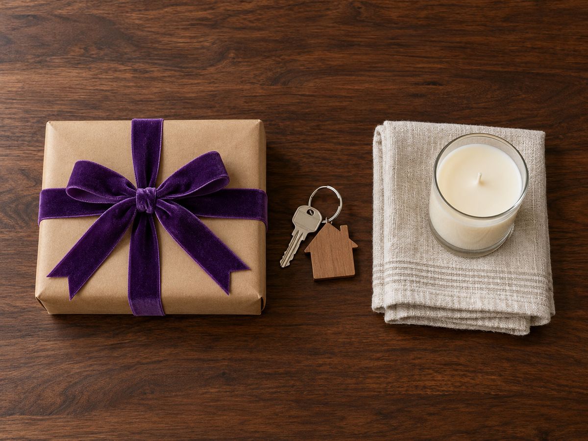 Kraft-wrapped gift with a purple ribbon beside a house key and a candle