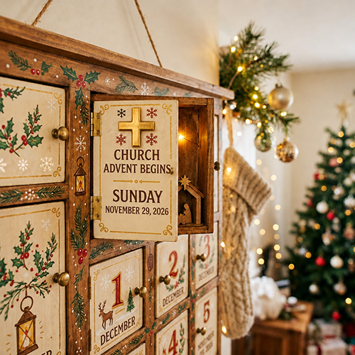 A 2026 calendar showing Sunday, November 29 marked as the first Sunday of Advent, with the Advent calendar doors beginning on December 1