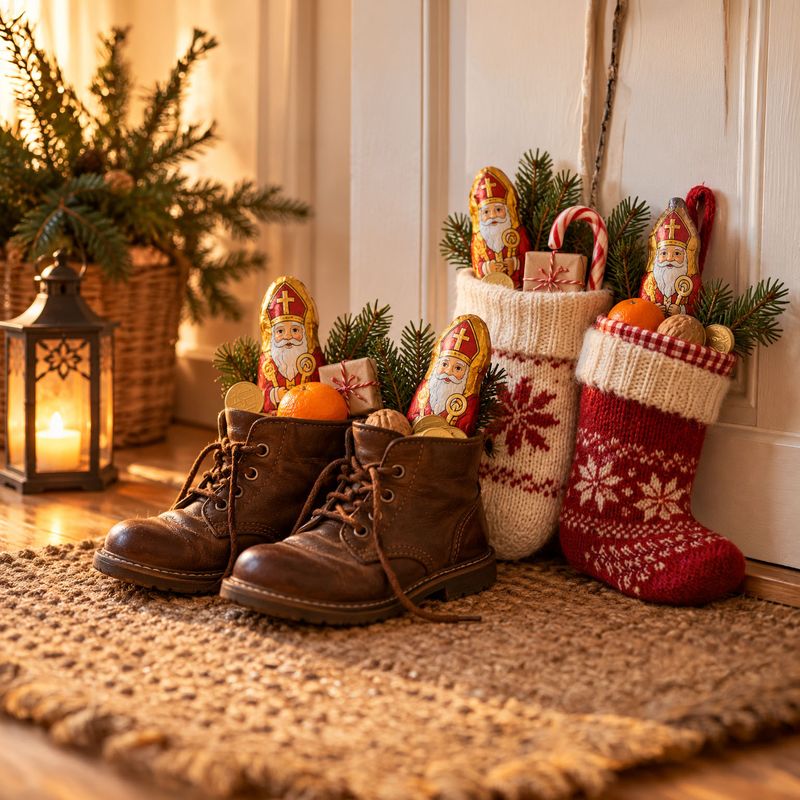 A pair of children's boots and two knit stockings by the door, filled with chocolate St. Nicholas figures, gold coins, oranges and walnuts for the Feast of St. Nicholas