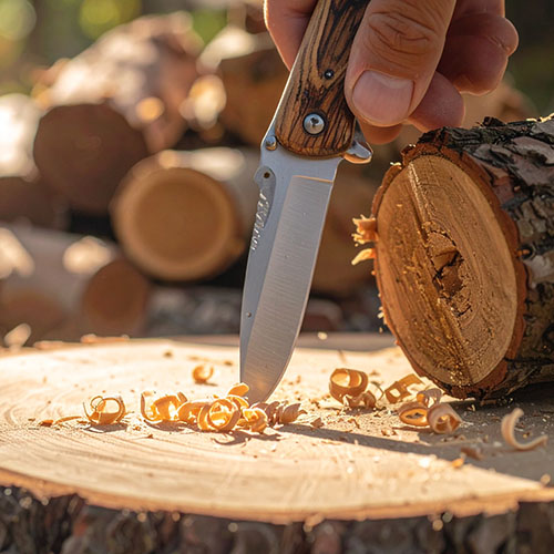 Folding pocket knife carving wood curls on a tree stump with warm sunlight