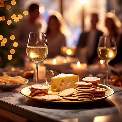 Elegant gourmet food gift basket with artisan cheeses, crackers, and wine