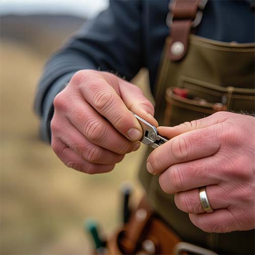 Hands opening a stainless steel multi-tool with pliers and screwdriver attachments