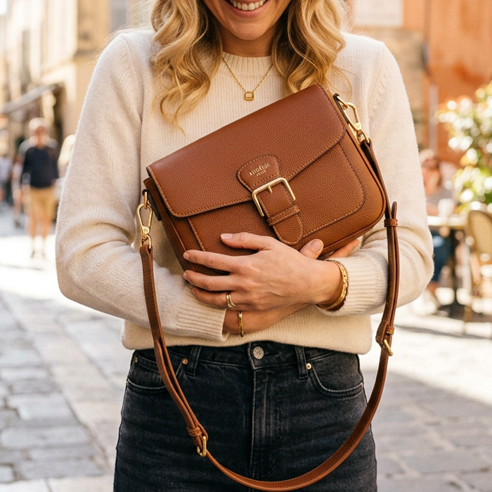 A woman holding a handbag that can hang from a bag hook