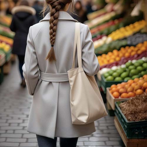 Canvas market tote loaded with fresh produce on a kitchen counter