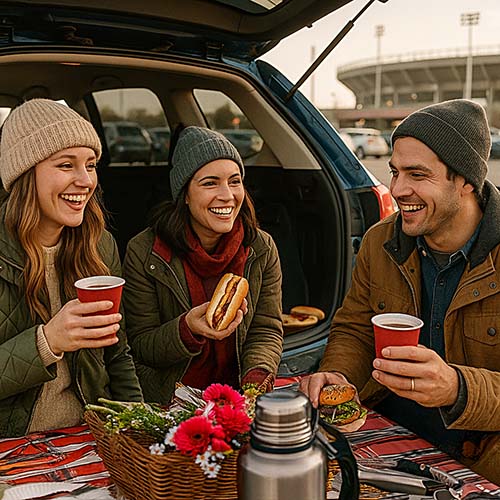 Friends enjoying a tailgate party with Coleman camping stove and outdoor setup