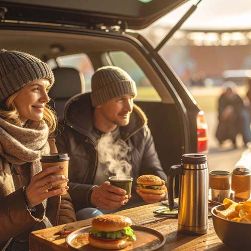 Tailgate scene with a couple enjoying burgers and steaming drinks from the back of their SUV, in cool, crisp weather