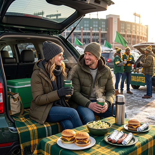 Tailgate scene with a couple enjoying burgers and steaming drinks from the back of their SUV, in cool, crisp weather