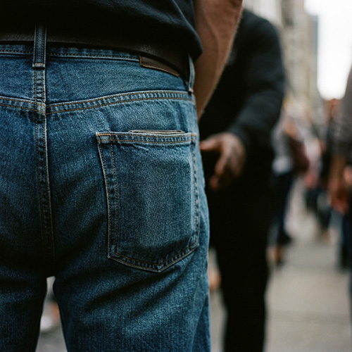 A man walking on a busy street with his back pocket exposed to the crowd