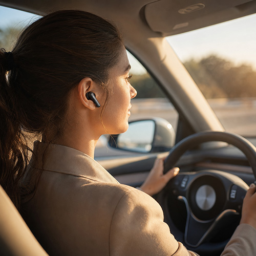 A woman wearing wireless earbuds